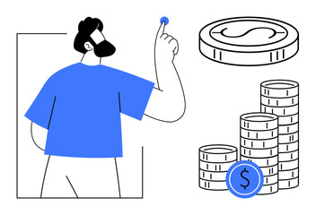 Man raising coin and stacks of money symbolize financial planning, investment, saving, budgeting, wealth management, earning potential, economic success. Ideal for finance, banking and business