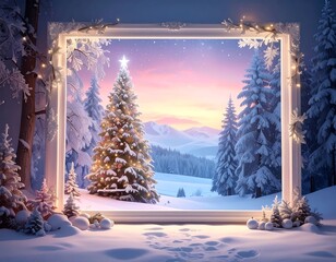 Winter scene framed, decorated tree, snow-covered mountains, starry sky