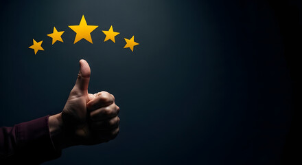 Customer Experience Concept. Happy Client show Thumb Up in meaning "Great" with Five Star Rating. Best Excellent Services for Satisfaction