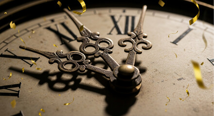 Vintage clock approaching midnight for New Year's Eve countdown. Golden confetti falls on antique clock face. Perfect for celebration, party, and holiday concepts.