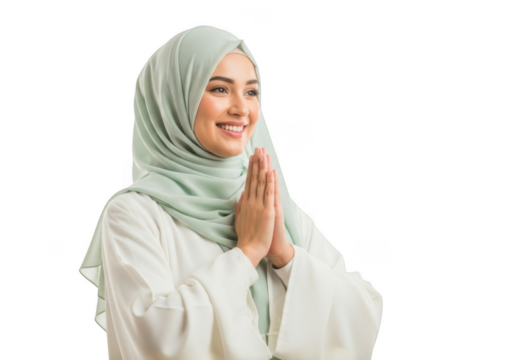 Young muslim woman in hijab praying isolated on transparent background