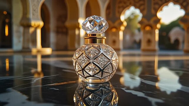 Luxury Arabic perfume (Oud or Attar) concept. An opulent, ornate bottle with a crystal cap in a Middle Eastern palace at golden hour.