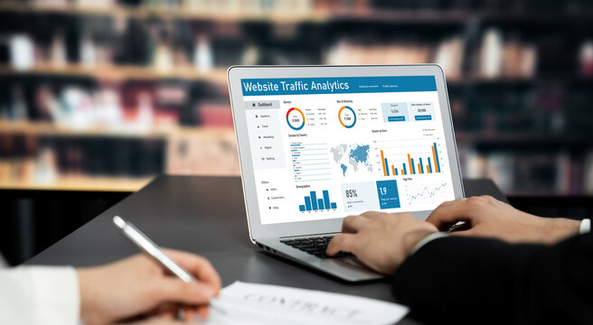 Computer software for website traffic analytics data on computer screen. Concept of SEO search engine optimization and customer targeting for online business brisk - Powered by Adobe