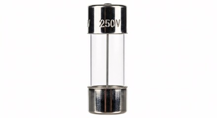 Clear glass fuse with metal end caps and a voltage rating of 250V isolated on a white background