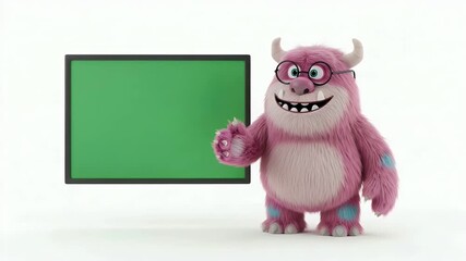 Friendly pink monster character with eyeglasses presenting on a customizable green screen board