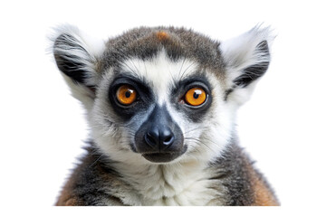 Obraz premium Close up portrait of a ring tailed lemur with striking orange eyes isolated on transparent background