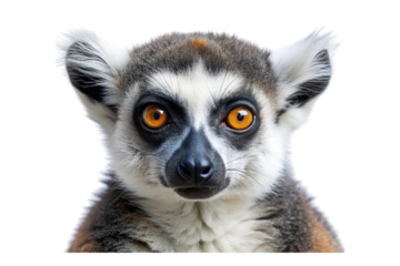 Close up portrait of a ring tailed lemur with striking orange eyes isolated on transparent background