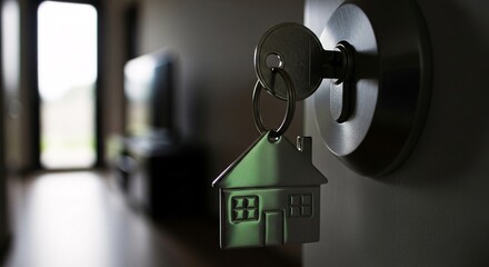 Home Ownership A Close-Up View of a Key and House-Shaped Keychain in a Door