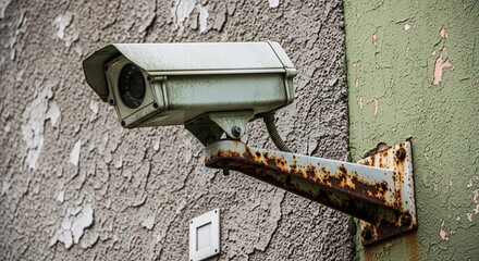 Weathered Security Camera Mounted on a Rusty Bracket and Peeling Wall