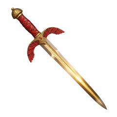 Ornate medieval dagger with red hilt and golden embellishments isolated on transparent background