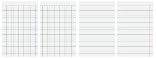 set of blank sheets of lined, grid, or graph paper for office, school notebook, and for sketching and writing on transparent background, vector illustration