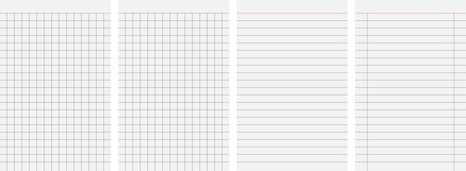 set of blank sheets of lined, grid, or graph paper for office, school notebook, and for sketching and writing on transparent background, vector illustration
