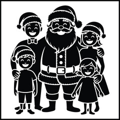 A black and white stylized illustration of Santa Claus posing with a family