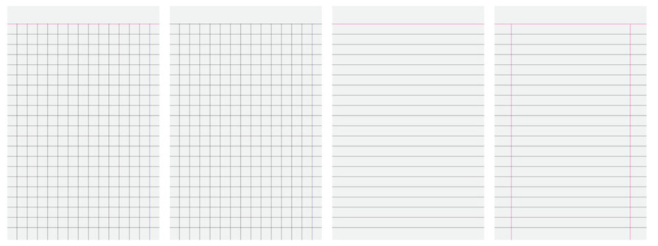 set of blank sheets of lined, grid, or graph paper for office, school notebook, and for sketching and writing on transparent background, vector illustration