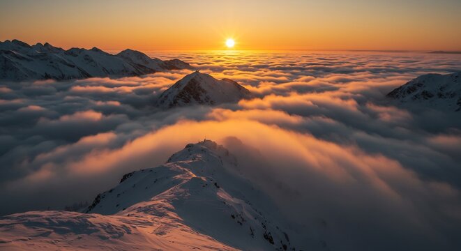 燃えるような夕日が黄金色に輝き空を染める中雪に覆われた雄大な山々の間を雲海がゆっくりと流れ幻想的な冬の絶景が広がる自然の美しさ. AI Generated