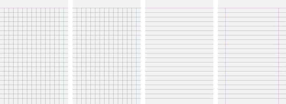 set of blank sheets of lined, grid, or graph paper for office, school notebook, and for sketching and writing on transparent background, vector illustration