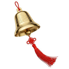A single golden brass bell with a red tassel hanging from its clapper isolated on transparent background