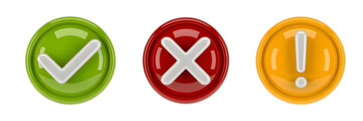 Three colorful approval icons isolated on transparent background