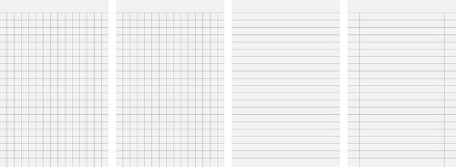 set of blank sheets of lined, grid, or graph paper for office, school notebook, and for sketching and writing on transparent background, vector illustration