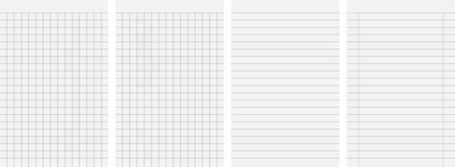 set of blank sheets of lined, grid, or graph paper for office, school notebook, and for sketching and writing on transparent background, vector illustration