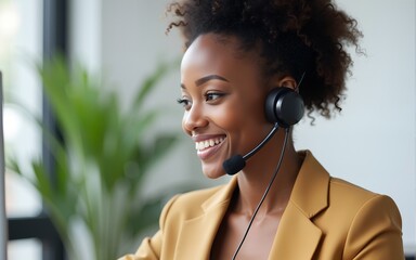 young Black woman customer support agent smiling while taking a call with a headset, clean office background. High quality