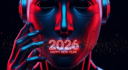 Robotic face with neon year greeting android futuristic