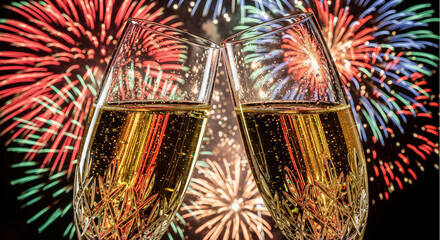 Champagne toast with two crystal glasses against a vibrant fireworks display. Perfect for New Year's Eve, celebrations, anniversaries, and holiday parties.