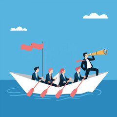Business Team Leadership and Vision Concept Vector,Corporate Team Rowing Boat Illustration,Teamwork and Leadership in Business Vector Art,Business People on Paper Boat with Leader Illustra. © ABUBOKKOR