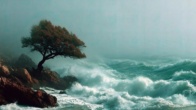A lone tree stands resilient on a rugged coastline as powerful waves surge and break against the rocks under a hazy, atmospheric sky.
