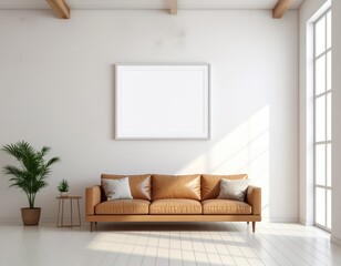 Fototapeta premium Blank Poster Frame Mockup on Scandinavian Wall: Natural Light & Minimalist Living Room Interior