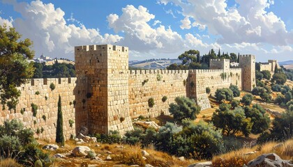 Ancient City Wall Under Cloudy Sky Painting, Historical Architecture Scene