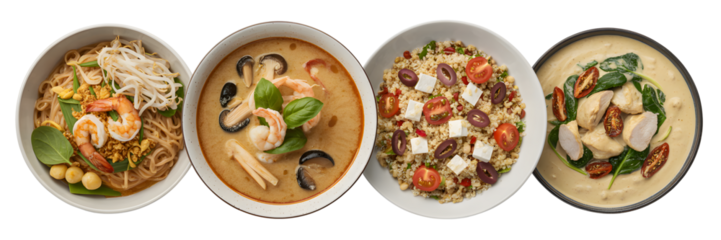 Set For Four bowls of asian cuisine isolated on transparent background