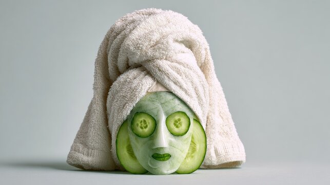 Creative cucumber head with towel, showcasing a fun and playful take on self-care and wellness routines.
