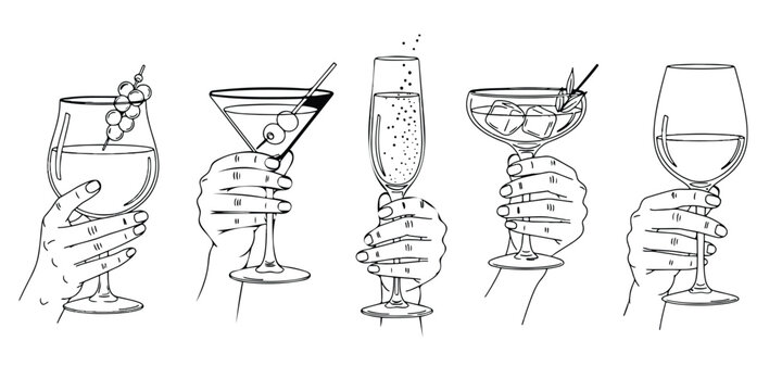 Hand Holding Cocktail Glasses Vector Illustration for Party Drinks Bar and Lifestyle Design