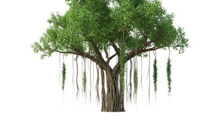 Ancient Banyan Tree With Hanging Roots And Lush Green Foliage isolated on Transparent Background