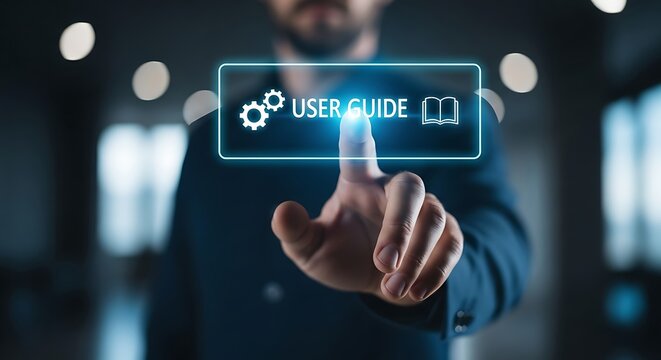 Man touches glowing user guide button technology digital