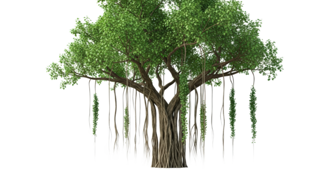 Ancient Banyan Tree With Hanging Roots And Lush Green Foliage isolated on Transparent Background