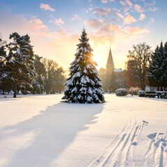 Winter scene with a snow-covered pine, church steeple at sunrise
