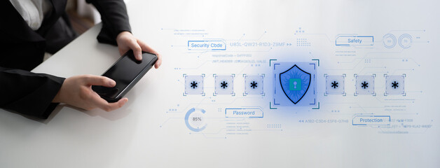 A concept of an advanced cybersecurity system. The futuristic interface shows a multi-factor authentication process using a secure password or PIN for enhanced data protection. Fermion