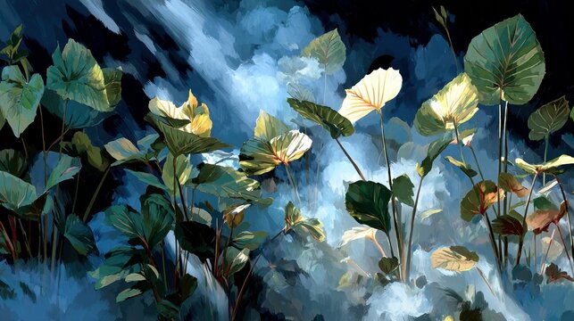 A close-up view of large, green leaves with a misty, abstract blue background, creating a serene and naturalistic scene.