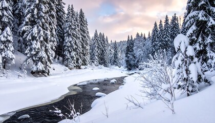 A snowy scene with a partially frozen stream surrounded by pine trees