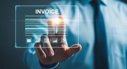 Businessperson touches digital invoice screen finance