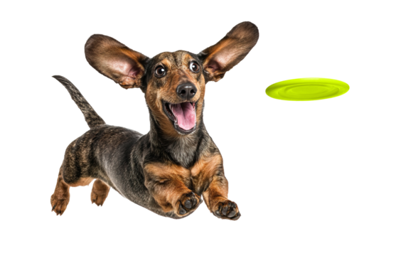 Playful funny Dachshund Weiner pet dog catching a green frisbee isolated PNG cutout, transparent background. Canine training, active happy healthy doggy playing