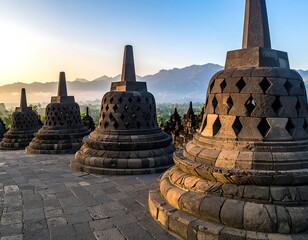 Ancient stone structures at sunrise, with mountainous backdrop