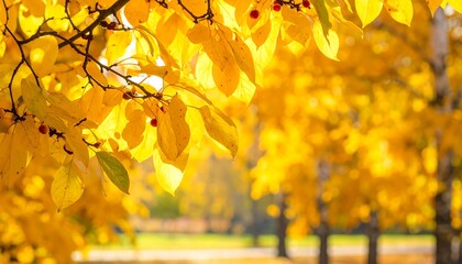 Autumn scene featuring vibrant yellow leaves and a blurred park background