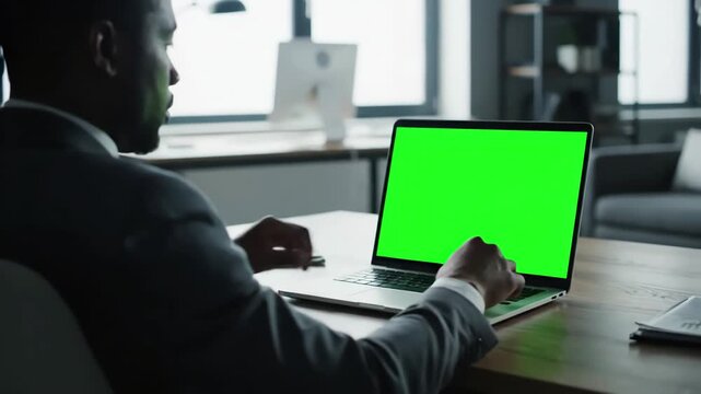 Green Screen successful black businessman sitting at desk working on laptop computer in office anonymous businessperson using chroma key display stylish bright workplace over shoulder close up scene 2