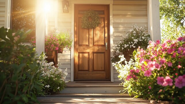 Warm sunlight brightens a cozy porch with colorful flowers on a sunny afternoon in a quiet neighborhood - Powered by Adobe