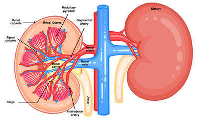 Labeled Human Kidney Anatomy Diagram Renal System Medical Illustration