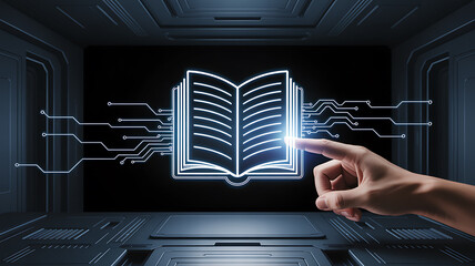 Hand Interacting with Digital Open Book Interface in Futuristic Room technology