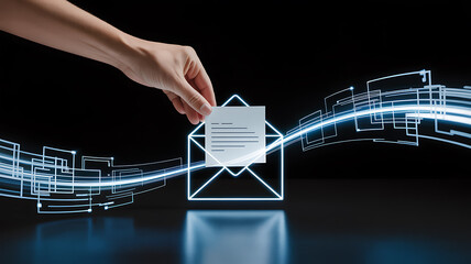 Hand placing email into glowing digital data stream envelope